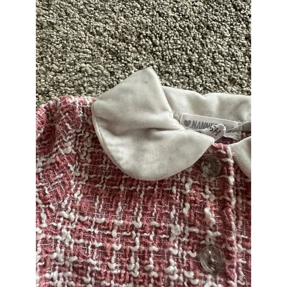 Nannette Kids Pink Tweed Boucle Dress Peter Pan Collar 3T Metallic Shimmer Bows